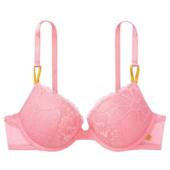 Victoria’s Secret Pink Floral Lace Sexy Lined Underwire Push-up Demi Bra Sz 34C - Picture 2 of 14